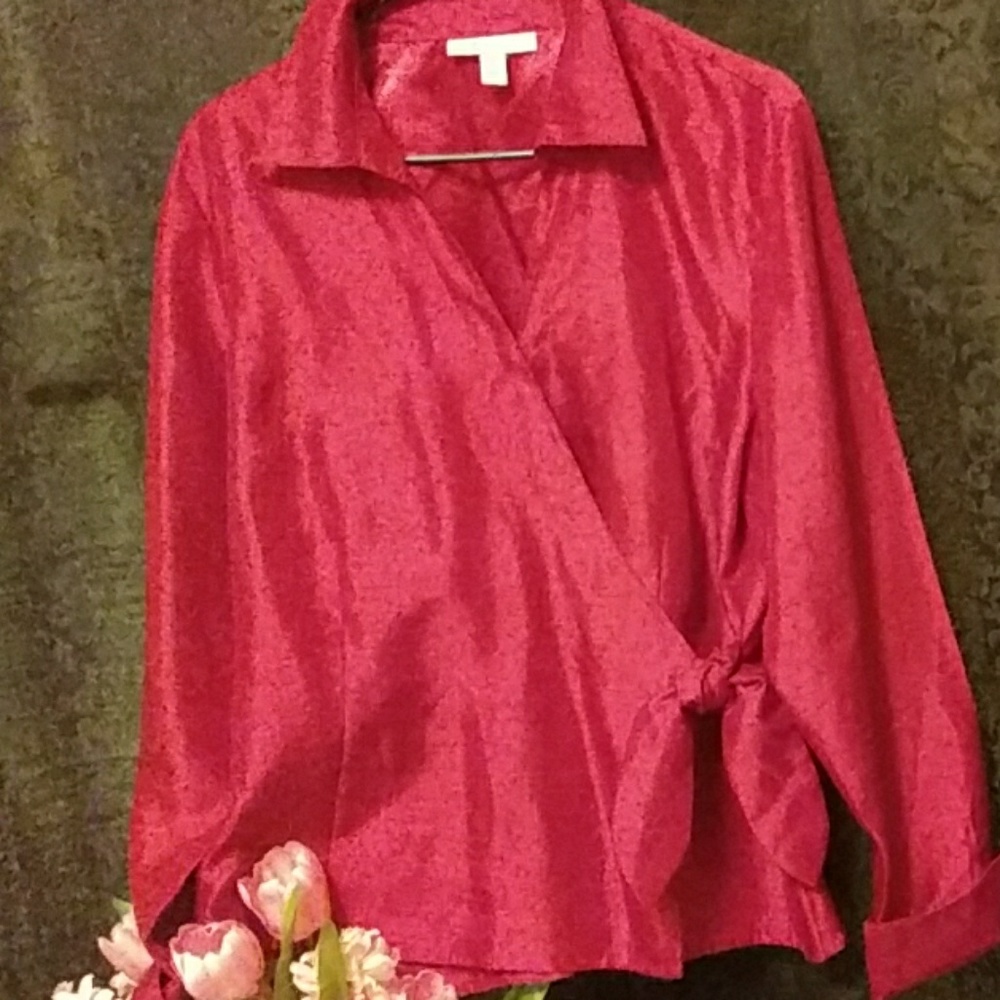 Gorgeous VIBRANT Red 100% silk wrap blouse.  EUC